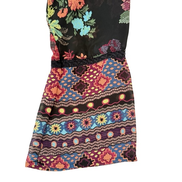 Boho Floral Blouse Women Size S Black Long Bell Sleeve Ruched Waist Peasant Top - Picture 6 of 9